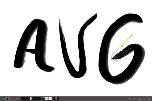 Das mit Zen Brush 2 erstellte neue AVG-Logo. Gut zu sehen, wie die Stifthaltung (Pfeil) von der App erkannt wird.