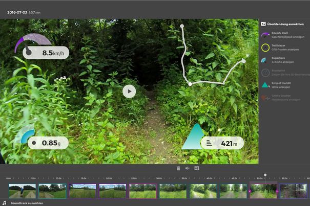 Die Bandit Actioncam als Datensammler: Dank GPS und Bewegungssensoren können beim Abspielen vier Sensordaten gleichzeitig im Bild angezeigt werden.