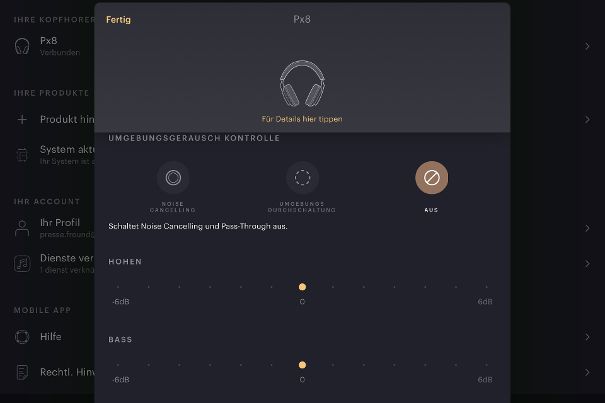 Völlig problemlos erfolgt die Steuerung des Px8 über die «Music»-App von Bowers & Wilkins. Hier kann man auch die Geräuschunterdrückung ein/ausschalten sowie Umgebungsgeräusche hinzuschalten.