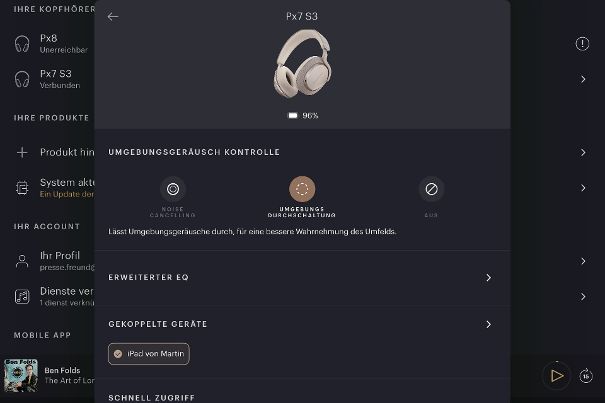 Die «Music»-App von Bowers & Wilkins übernimmt die Installation und Steuerung des Hörers.