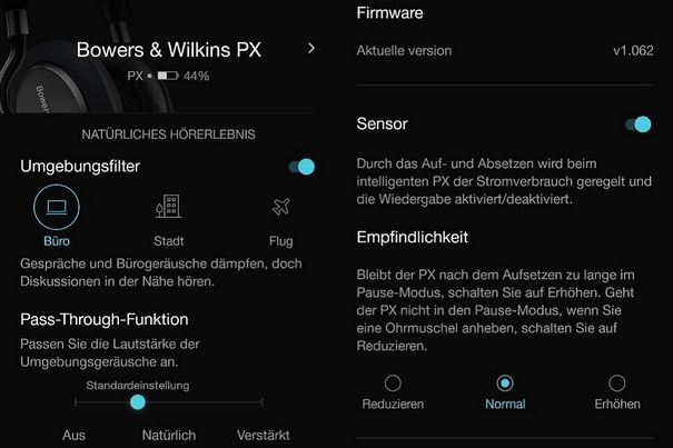 Die PX App (für iOS und Android, hier beide Screenshots nebeneinander montiert) erlaubt die Wahl von drei verschiedenen Umgebungsprofilen für die Geräuschunterdrückung.