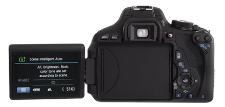 Wie hier an der Canon EOS 600D lässt sich auch der Bildschirm der Nikon D5100 seitlich ausklappen. Angezeigt werden die Menüs, ein Sucherbild (Live-View), die aktuellen Aufnahmeeinstellungen oder die gemachten Aufnahmen.