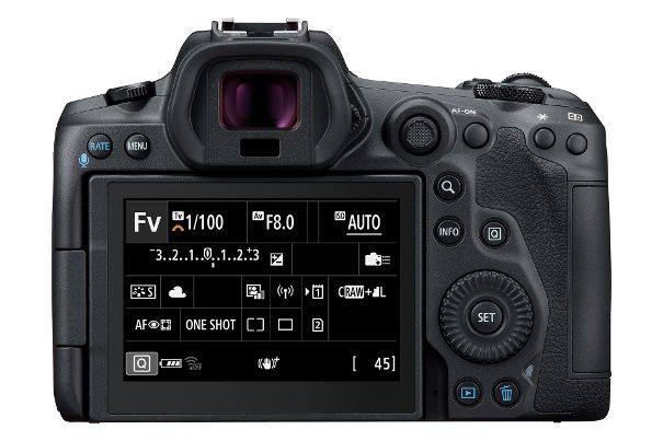 Alles auf einen Blick: Übersichtsdisplay der Canon EOS R5 nach Drücken der «INFO»-Taste. Rechts neben dem Sucher befindet sich wieder ein Joystick.