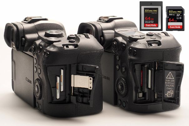 Speicher-Express: Die Canon EOS R5 (rechts) unterstützt im Kartenfach 1 die schnellen und robusten CFexpress-Karten vom Typ B, die etwas grösser als die SD-Karten sind. Die Canon EOS R6 bleibt bei den bekannten SD-Speicherkärtchen.