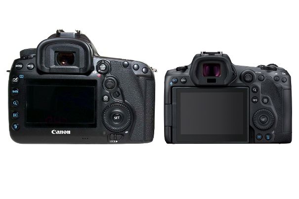 Grosser Bruder mit Spiegel: Die Verwandtschaft ist unbestreitbar. Die DSLR Canon EOS 5D Mk IV (links) im Vergleich mit der um einiges kleineren Canon EOS R5.
