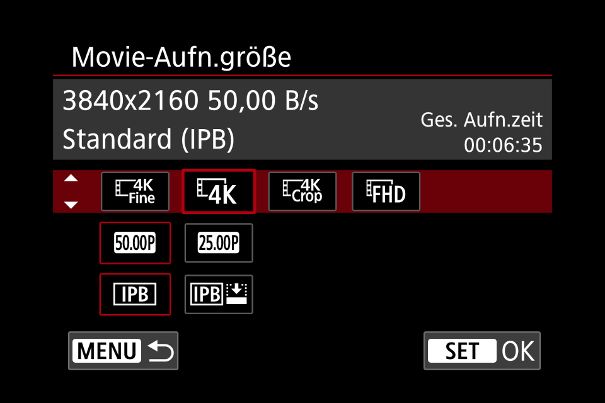 4K/UHD bis Full-HD: Übersicht der Videoformate der Canon EOS R7.