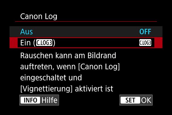 Rauschwarnung: Beim Filmen mit C.LOG3 schaltet die Canon EOS R7 auf einen höhere ISO-Wert um und gibt eine entsprechende Warnung aus.