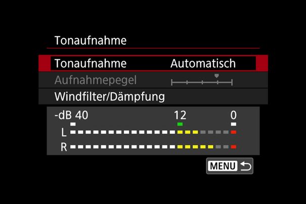 Soundcheck: Die Tonaussteuerung kann automatisch oder manuell geschehen, inklusive Windfilter und Dämpfungsschaltung.