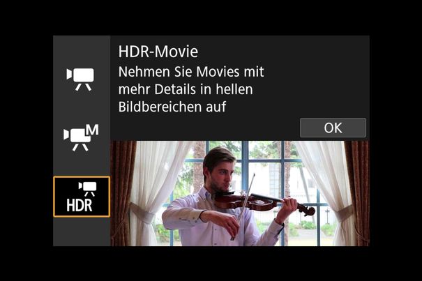 Neben der automatischen und manuellen Videobelichtung steht auch die Aufnahme von HDR-Filmen zur Auswahl.