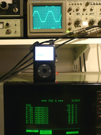 Klirrender Equalizer: Die Spitzen des Sinus-Signals werden hart beschnitten. Der Klirrfaktor beträgt bei 0-dB-Aussteuerung des 1 kHz-Testsignales auf der Equalizerstellung 