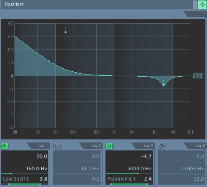 Mittels parametrischem Equalizer des Cubase LE4 entzerrt: Korrekturen im Bass und bei 7 kHz bewirken eine Verstärkung des Bassbereiches und eliminieren die Grellheit und unnatürliche Schärfe im Hochtonbereich.