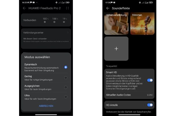 Zwei Screenshots aus der AI Life App: Links die Auswahlmodi für das ANC. Rechts der Bildschirm «Soundeffekte» mit drei Klangeinstellungen und der Aktivierung von LDAC und HD-Telefonie.