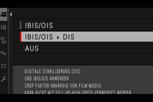 Und jetzt alle zusammen: Bei der Fujifilm X-T4 lassen sich eingebauter Kamerastabilisator (IBIS) und Objektivstabilisator (OIS) mit elektronischer Bildberuhigung (DIS) kombinieren.