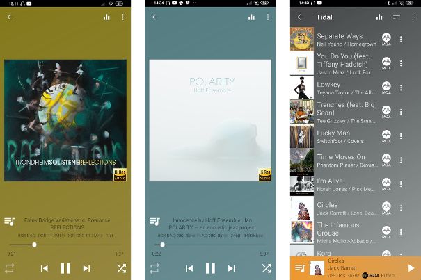 Screeenshots der App USB Audio Player Pro. Von Links DSD256, PCM 352,8 kHz und MQA-Trackliste Tidal.