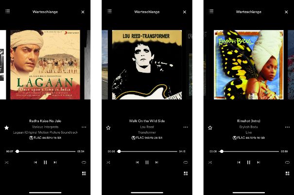 Hördurchgang 1: Screenshots der Songs von Qobuz auf der Naim-App. Thema: Harte und sanfte Perkussion.