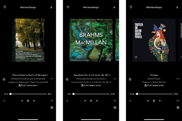 Hördurchgang 3: Screenshots der Songs von Qobuz auf der Naim-App. Thema: Klassik und Vintage Guitar.