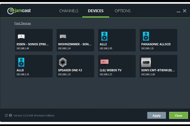 Jamcast erkennt alle vernetzen Lautsprecher im Netzwerk. Von Sonys CMT über den LG-Fernseher bis zu den Multiroom-Komponenten von Raumfeld, Panasonic und Sonos.