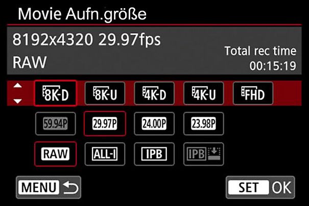 Auf drei Zeilen: Die vielen Videoformate stellt die Canon EOS R5 übersichtlich auf einer Menüseite bereit. Nicht mögliche Kombinationen werden grau dargestellt und können nicht ausgewählt werden.