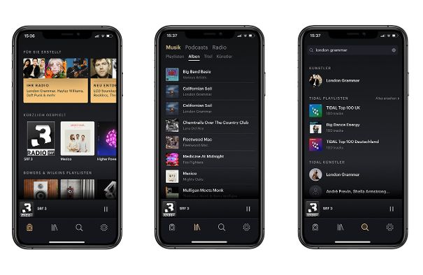 Die neue Music App von Bowers & Wilkins beinhaltet alle gängigen Musikservices sowie Webradio. Auch die beliebten Playlists werden angezeigt.