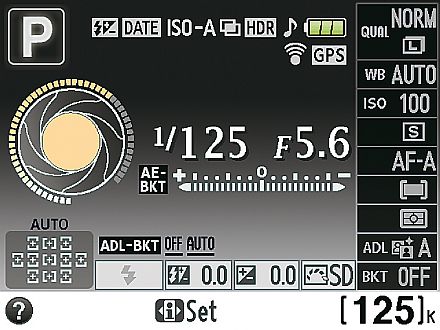 Auf dem LCD lassen sich alle wichtigen Aufnahmeeinstellungen anzeigen. Die Nikon bietet zwei Darstellungsweisen. Im Bild ist die grafische Darstellung zu sehen, die links die aktuelle Blendenöffnung visualisiert.