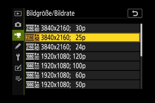 Videoformate: Erste Menü-Seite zur Wahl von Videogrösse und Bildrate.