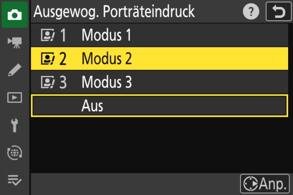 Gesichtsfarbenbalance: Das Menü «Ausgewog. Porträteindruck» der Nikon Z 8.