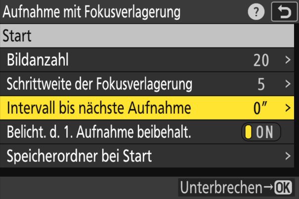 Fokusverlagerung mit Blitz: Als eine von wenigen Kameras beherrscht die Nikon Z 9 das Fokus-Bracketing mit Blitzauslösung. Mit «Intervall bis nächste Aufnahme» wird die Pause zwischen zwei Blitzen bestimmt.