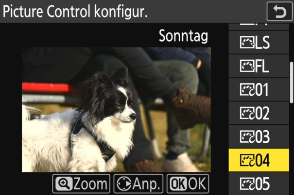 Direkt in der Kamera: Nachträgliches Ändern der Picture-Control-Konfiguration zu «Sonntag» bei einer RAW-Aufnahme.