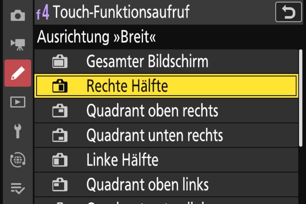 Wird eine Touch-Funktion zugewiesen, lässt sich die aktive Fläche auf dem Display bestimmen, getrennt nach horizontaler oder vertikaler Ausrichtung der Kamera.