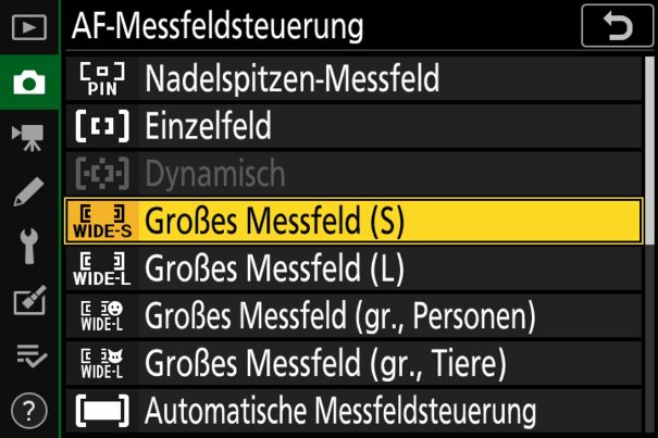 Menüseite zur Auswahl des Autofokus-Messfelds.