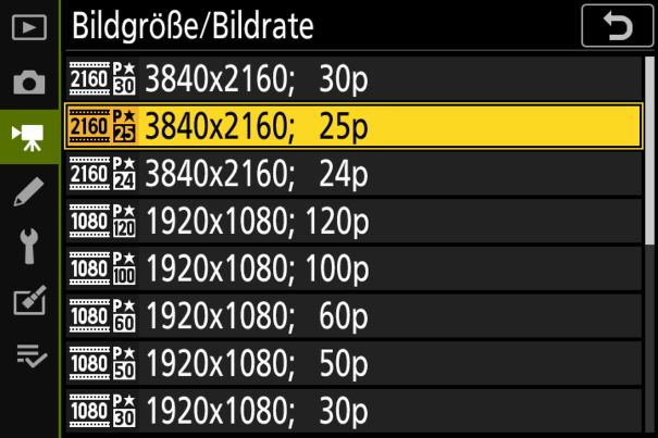 Menüseite 1: Videoformate UHD und Full-HD.