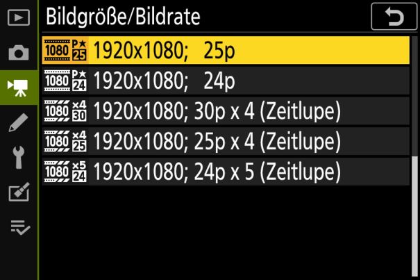 Menüseite 2: Videoformate Full-HD und Zeitlupe.