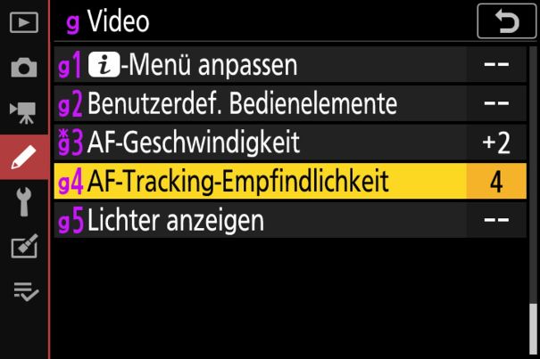 Menüseite zur Einstellung des AF-Verhaltens bei Videoaufnahmen.