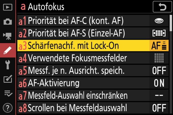 Menüseite zur Feineinstellung des AF-Verhaltens.