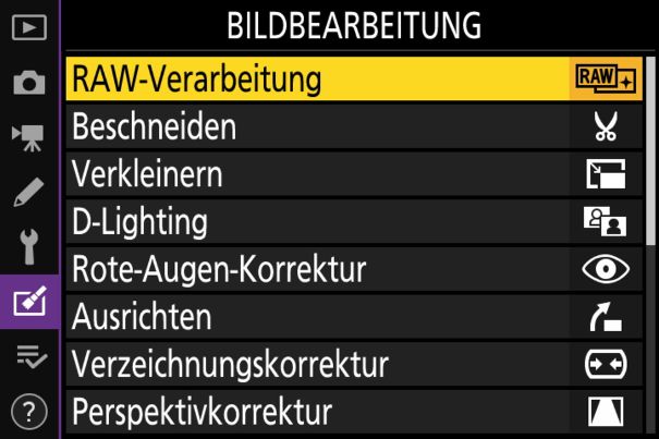 Auswahl an Bildbearbeitungsmöglichkeiten direkt in der Kamera.