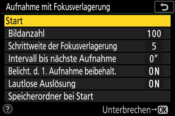 Einstellmöglichkeiten bei Aufnahmen mit Fokusverlagerung.
