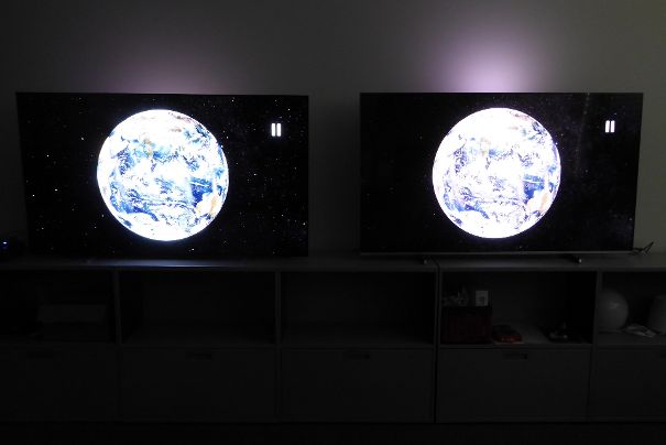 OLED-TV (links) im Vergleich zu Mini-LED: Bei extremen Bildern wie hier «Erde im All» zeigt OLED bei identischer Einstellung klare Vorteile bei der Darstellung winziger heller Punkte (Sterne).