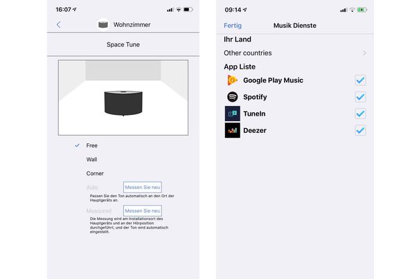 Blick in die App «Technics Audio Center». Links: Einmessung des Lautsprechers im Raum je nach Installationsort. Rechts: Auswahl der installierten Musik-Streamingdienste. 