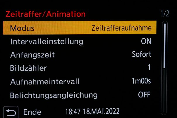 Zeitmaschine: Die Menüseite für Zeitraffer- und Animations-Einstellungen der Panasonic Lumix GH6.