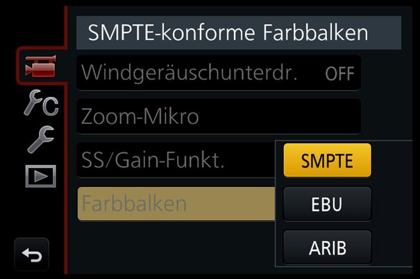 Ist auch nicht in jeder Fotokamera zu finden: Farbbalken nach SMPTE-, EBU- oder ARIB-Norm, mit Testton in drei wählbaren Lautstärken.