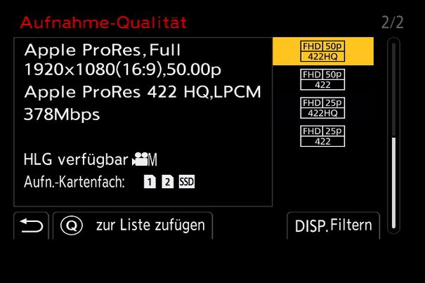 Qual der Wahl: Eine Menüseite aus dem umfangreichen Videoformat-Angebot der Panasonic Lumix G9 II. Angezeigt werden auch die Speichermöglichkeiten auf SD-Karte und SSD.