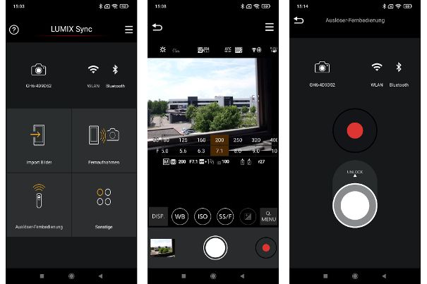 Gut vernetzt: Die Panasonic Lumix GH6 kann per Sync-App Bilder aufs Handy importieren, per Smartphone Kameraeinstellungen verändern oder via Bluetooth Bilder knipsen und Videoaufnahmen starten.