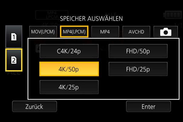 Qual der Videoformatwahl: Die beste Bildqualität gibt’s in MP4 4K 50p mit 150 Mbit/sec. Daneben darf auch in MOV und AVCHD gefilmt werden.