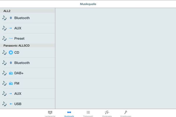Alle Musikquellen aller ALL-Geräte stehen allen Lautsprechern zur Verfügung. Man kann also Audio-CD, USB-MP3 oder DAB+ im ganzen Haus abspielen.
