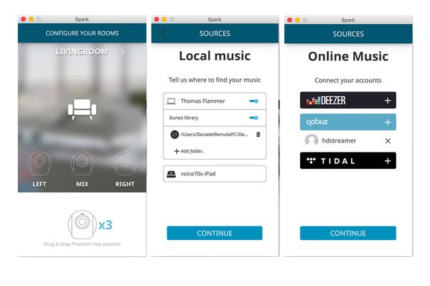 Der Einrichtungsassistent der Spark Software führt einen Schritt für Schritt durch das Setup. Im Beispiel ein Multiroom Setup mit drei Phantoms
