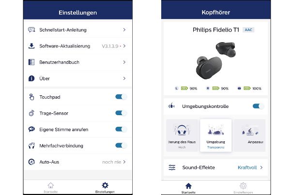 Ohne grosse Extras, dafür sehr übersichtlich: Die Philips «Headphones App» erlaubt u.A. die Konfiguration der Touch-Steuerung sowie der aktiven Geräuschunterdrückung.