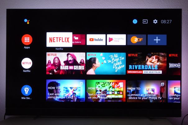 Der Android-Startbildschirm ist nun wesentlich übersichtlicher mit nur noch einer App-Auswahlleiste. Dominiert wird er allerdings durch Youtube-, Netflix- und Pay-TV-Empfehlungen.