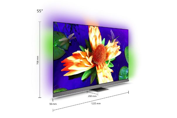 Der OLED907 kaschiert seine Pfunde erstaunlich gut: Das Gehäuse ist von vorne nicht sichtbar, sondern lediglich das rund 4 mm starke Display. Letzteres ist auf dem Standfuss drehbar.