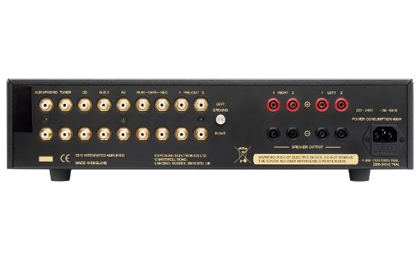 Rückansicht mit RCA- und Lautsprecher-Anschlüssen (ohne optionales DAC-Modul).