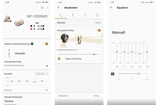 Die Sony Kopfhörer App gibt Auskunft über den Akkustand, aktiviert das adaptive Noise Cancelling und offeriert einen guten Equalizer.